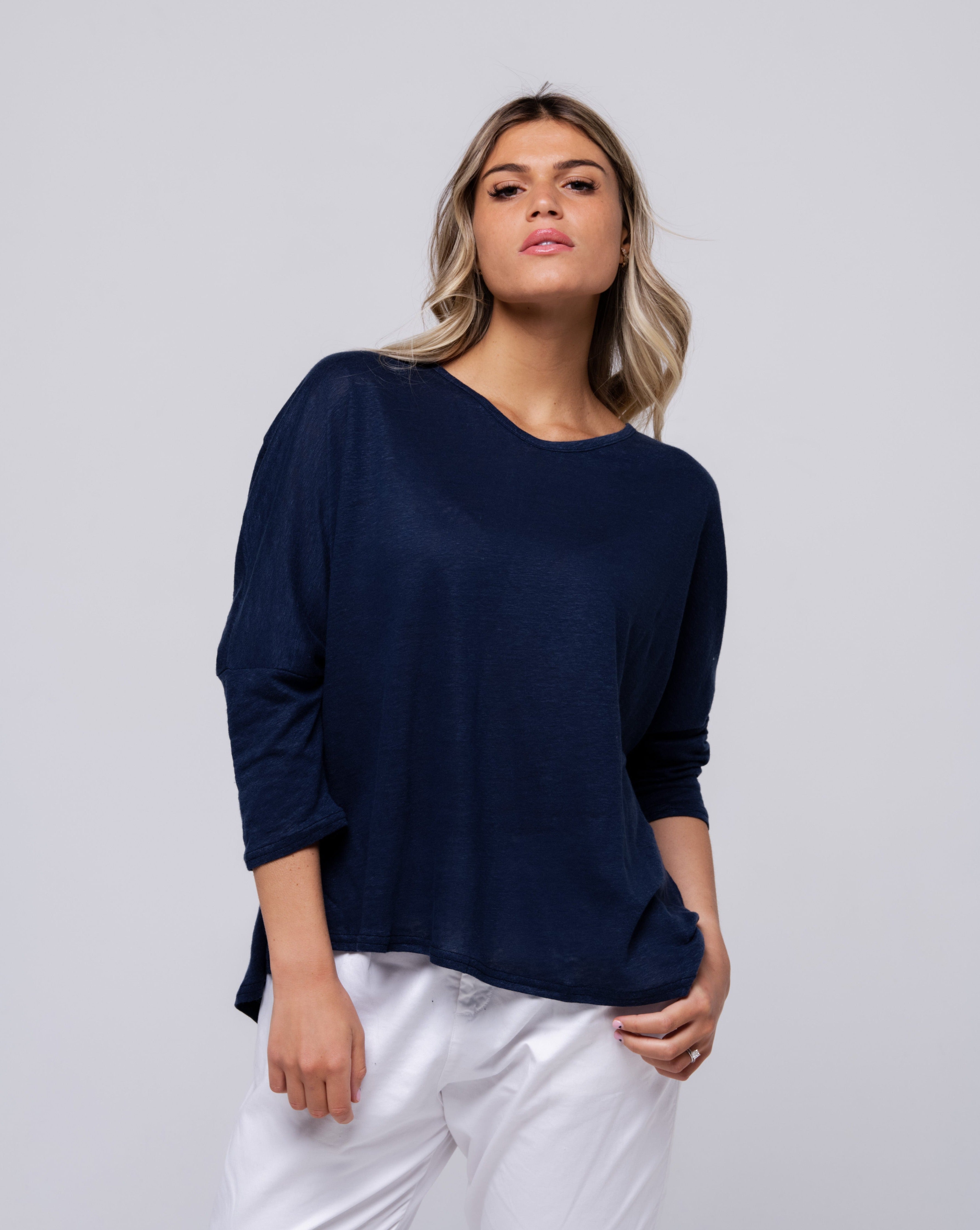 Haut 100% lin marine uni 