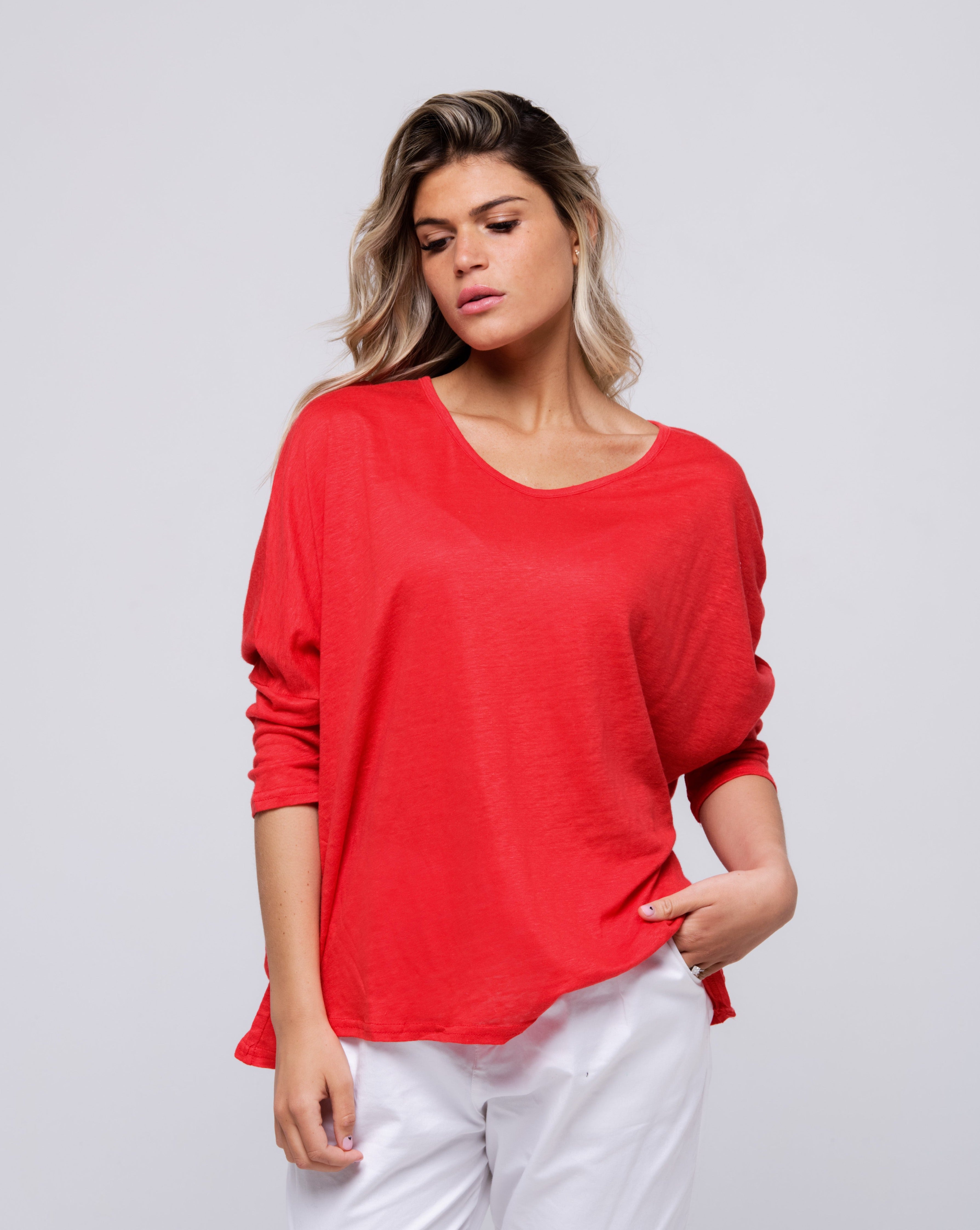 Haut 100% lin rouge uni 